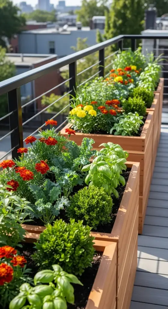 A series of sleek wooden rectangular planters lined up along a modern balcony railing, blooming with orange marigolds, kale, and fresh basil as part of organized Balcony Garden Ideas for urban spaces.