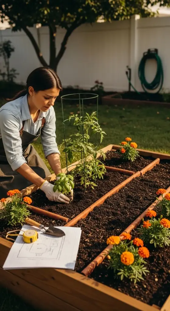 A woman meticulously planting fresh basil into a divided raised garden bed next to a caged tomato plant and bright marigolds, demonstrating the careful layout required for successful Companion Planting.