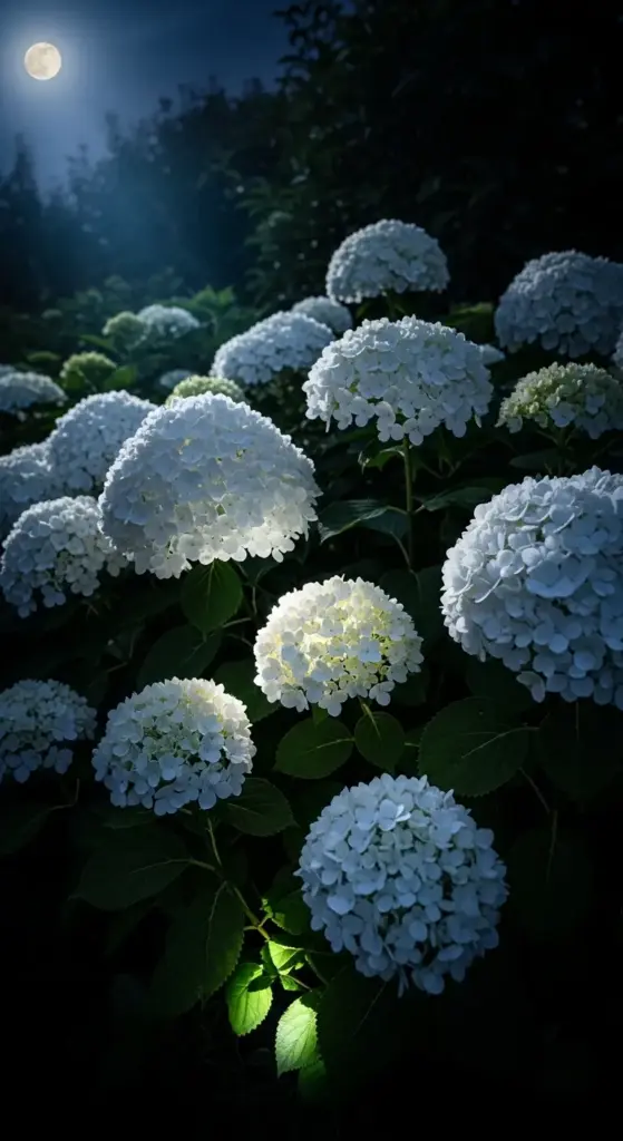 Moonlit garden scene featuring luminous white hydrangea blooms glowing under the soft light of a full moon, with deep green foliage in shadow—showcasing dramatic, serene hydrangea landscaping ideas for nighttime visual impact and enchanting evening garden ambiance.