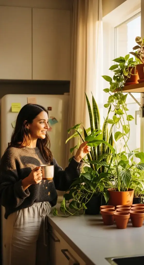 A smiling woman in a kitchen holding a mug and admiring her Indestructible Indoor Plants bathed in morning sunlight. The counter is decorated with lush greenery, including a large peace lily and several trailing pothos plants in terracotta pots, creating a vibrant and low-maintenance indoor garden.