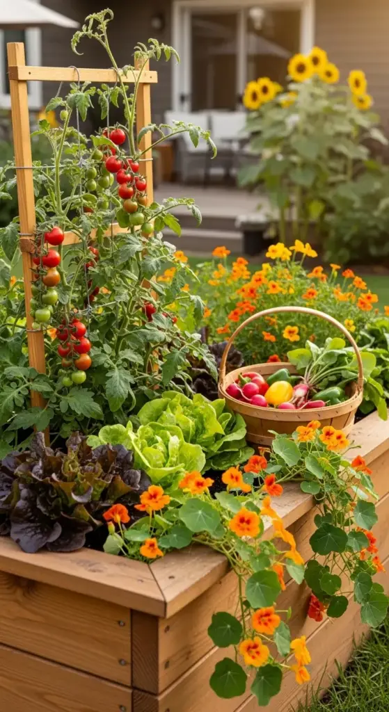 A vibrant wooden Raised Garden Beds planter overflowing with cherry tomatoes on a trellis, heads of lettuce, and orange flowers, featuring a harvest basket filled with peppers and radishes.