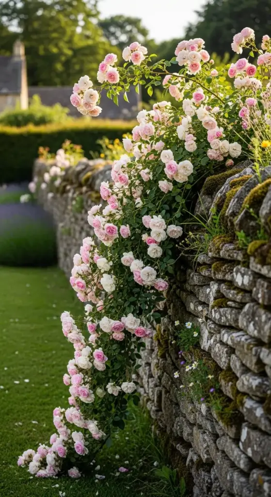 A lush display of soft pink and white roses cascading down a rustic, moss-covered dry stone wall, offering a romantic and vertical approach to Rose Garden Ideas.