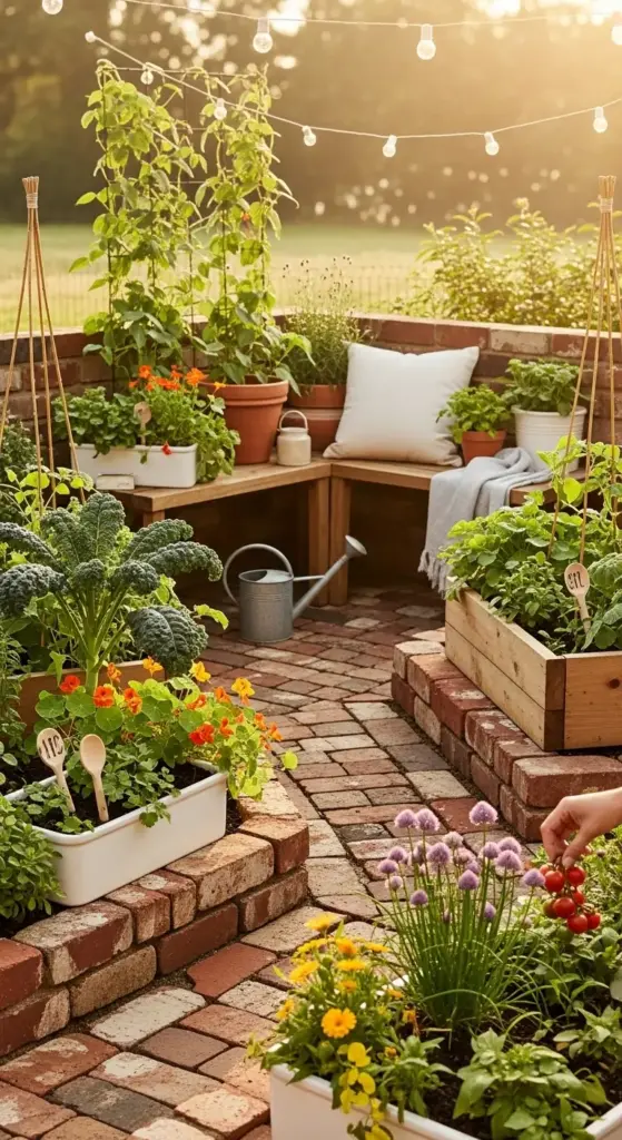 A cozy, sun-drenched patio with brick-paved pathways and built-in wooden planters overflowing with leafy greens, herbs, cherry tomatoes, kale, and edible flowers—complemented by string lights, a rustic bench with cushions, and a hand harvesting tomatoes—exemplifying the charm and productivity of thoughtfully designed small vegetable gardens in compact outdoor spaces.