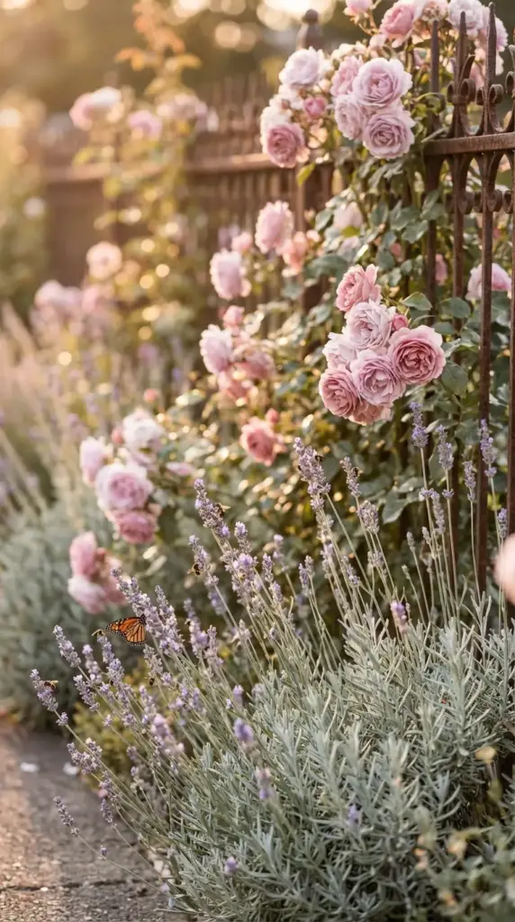 A soft-focus golden hour scene in a Spring Flower Garden featuring a cluster of pale pink roses blooming against a dark wrought iron fence, with tall stalks of purple lavender in the foreground attracting a monarch butterfly and several honeybees.