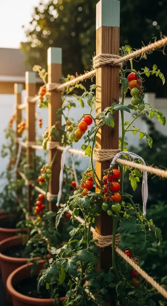 A wooden post Tomato Trellis with horizontal rope strands supports lush tomato vines bearing vibrant red, orange, and green tomatoes, set in a sunlit garden with terracotta pots, a white fence, and dappled sunlight filtering through trees in the background.