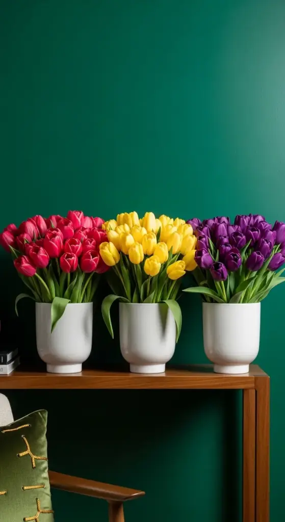 This image presents vibrant Tulip Arrangement Ideas by displaying three identical white ceramic vases in a row against a deep emerald green wall. Each vase is tightly packed with a single, bold color—one with hot pink, one with bright yellow, and one with rich purple tulips—creating a clean, modern, and highly organized aesthetic on a wooden console table.