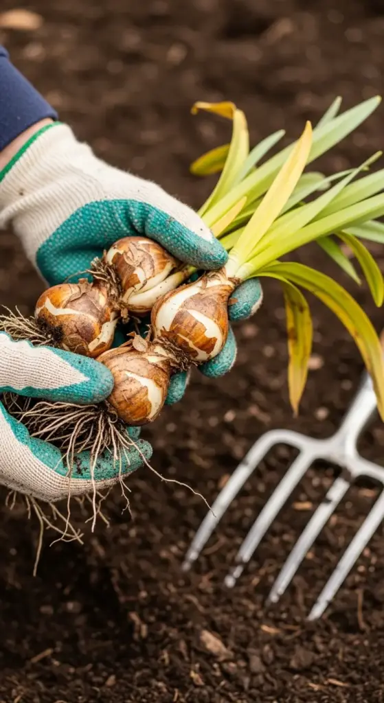 Gloved hands holding daffodil bulbs with roots and green shoots, ready for planting in soil with a garden fork nearby, illustrating the early stage of growing daffodil in a garden.