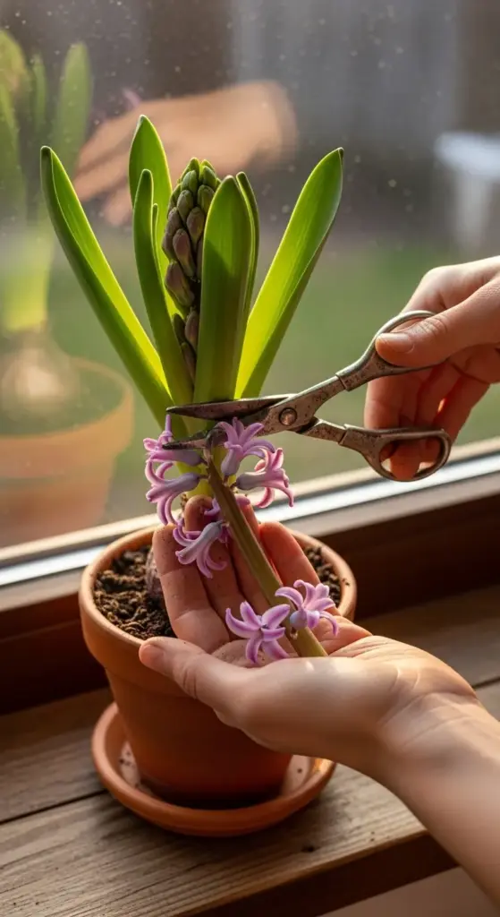 A person’s hands carefully trim a blooming hyacinth flower with vintage-style scissors, holding the stem above a terracotta pot on a wooden windowsill, with soft natural light streaming through the window and a blurred green plant visible in the background.