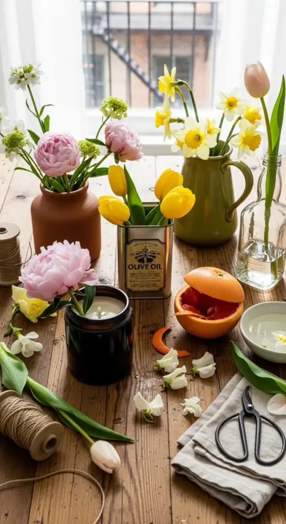 Spring Flower Arrangements featuring pink peonies, yellow tulips, white daffodils, and delicate blooms in diverse containers—including a terracotta pot, green pitcher, vintage “OLIVE OIL” tin, and glass bottle—arranged on a rustic wooden table alongside twine, scissors, a halved orange, and a candle jar, with soft natural light streaming through a window in the background.