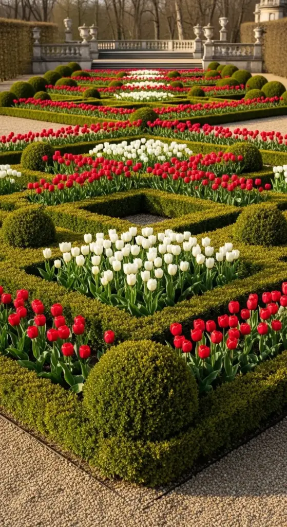 Frame boxwood hedges or geometric beds with crisp rows of uniform tulips in classic reds or whites. This timeless technique adds seasonal elegance to structured gardens while honoring historical landscape design.