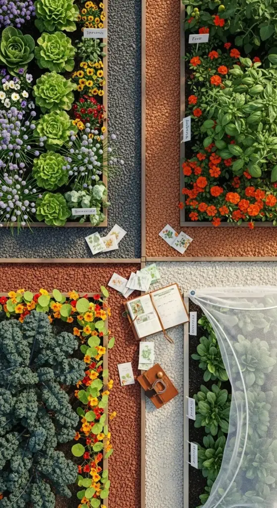 An aerial view of a meticulously planned garden with four distinct quadrants, featuring kale with nasturtiums and lettuce with marigolds, showcasing a highly organized approach to Companion Planting.
