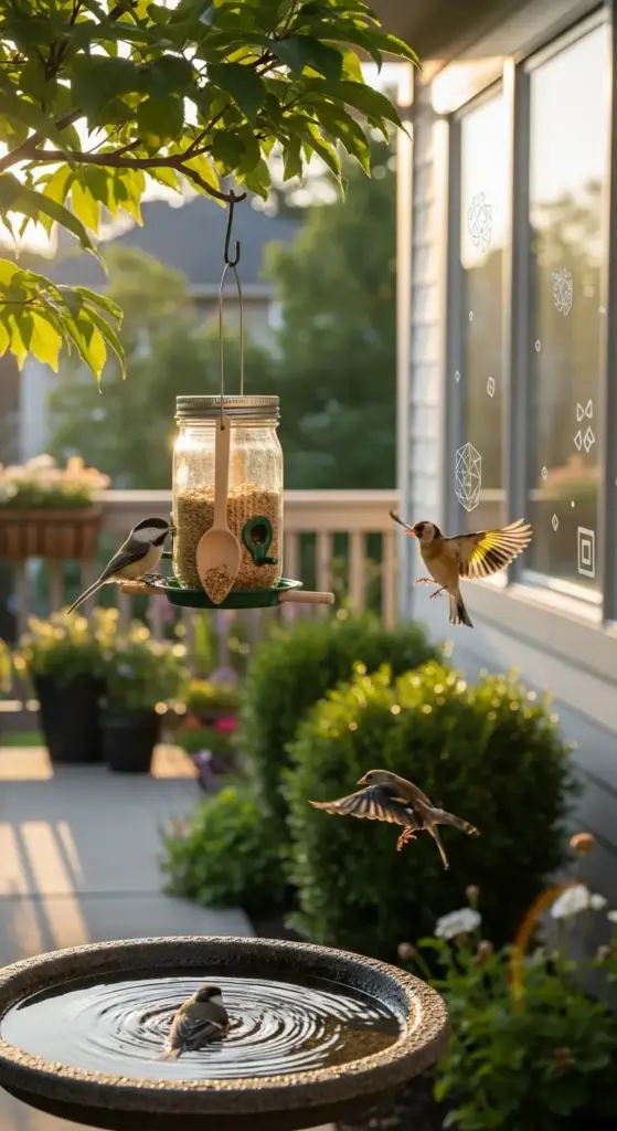 A charming backyard scene featuring a DIY bird feeder made from a mason jar with a wooden spoon perch and green metal base, hanging beneath leafy branches while a chickadee feeds, a goldfinch approaches in flight, and another bird bathes in a stone birdbath below—showcasing simple, effective DIY bird feeders that invite wildlife into a peaceful, sunlit garden setting.