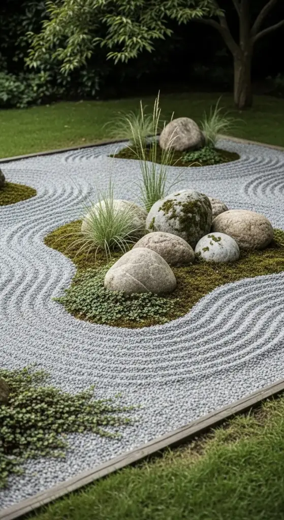 A minimalist Japanese Zen garden featuring raked gray gravel, moss-covered stones, and ornamental grasses for peaceful Dreamy Backyard Ideas.
