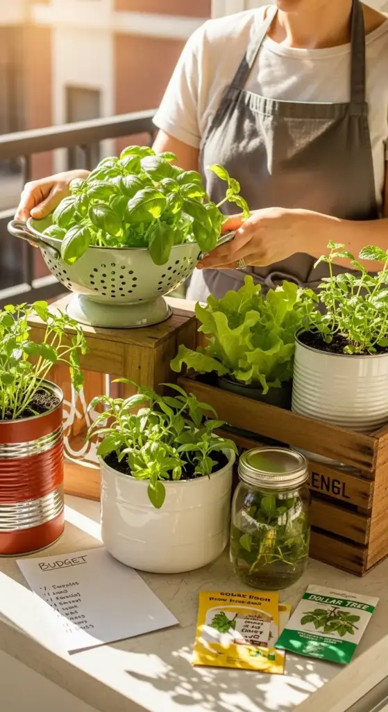A woman in a grey apron displaying a colander filled with fresh basil, surrounded by various herbs growing in recycled tin cans and jars next to a "Budget" planning list—a creative and cost-effective approach to Gardening for Beginners.