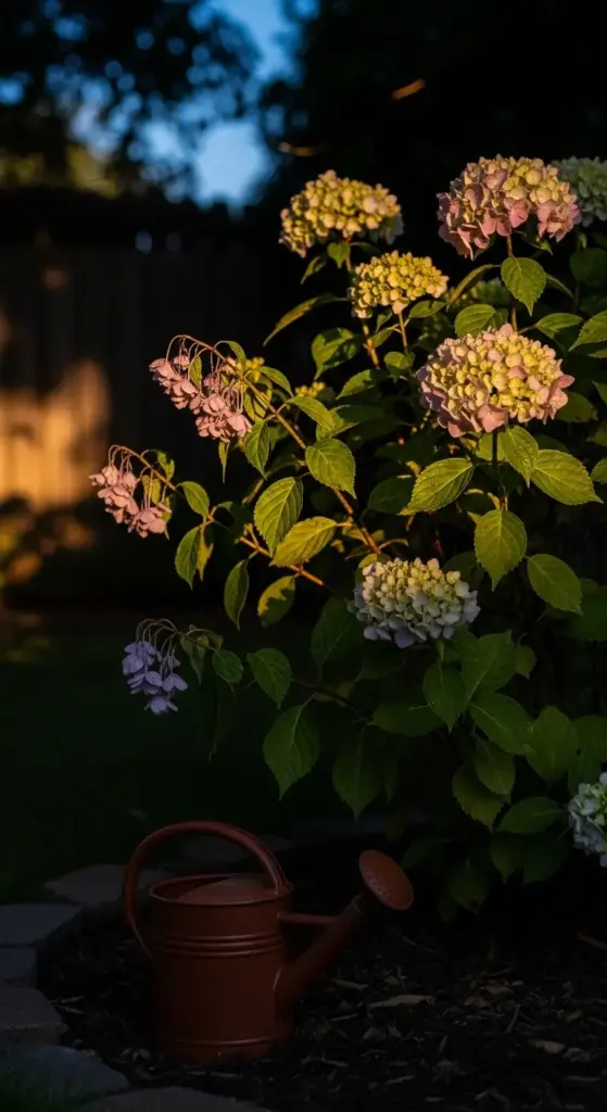 Lush hydrangea plants with pink and cream blooms thriving in a garden, accompanied by a terracotta watering can on mulched soil, bathed in soft evening light, showcasing the serene beauty of growing hydrangeas.