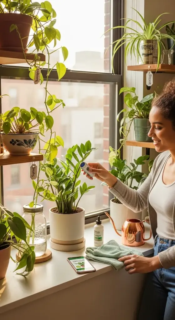 A woman uses a moisture meter to check her Indestructible Indoor Plants arranged on a bright windowsill. The display includes a ZZ plant in a white pot, a spider plant in a recycled tin, and a trailing pothos, with a copper watering can and a plant-care app visible nearby.