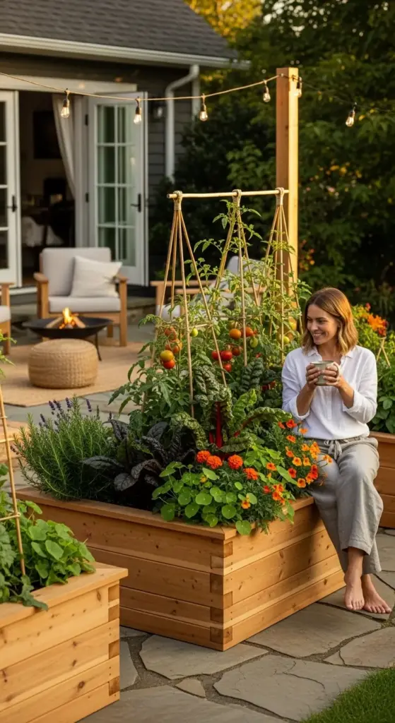 A woman sitting on the edge of a wooden Raised Garden Beds planter, smiling and holding a mug, in a cozy backyard setting with string lights, a fire pit, and thriving tomato and herb plants.