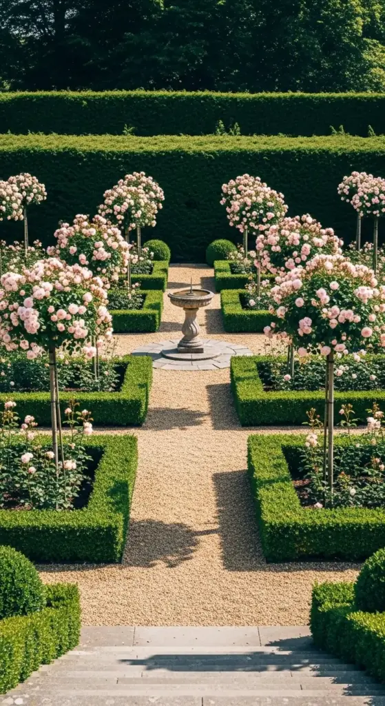 A symmetrical formal landscape featuring manicured boxwood hedges, gravel paths, and a central stone birdbath, with perfectly pruned rose trees (standard roses) providing structured and elegant Rose Garden Ideas.