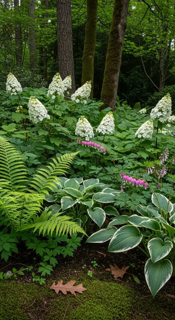 Tuck hydrangea shrubs beneath tall trees alongside ferns for a layered woodland look. This combination thrives in shade and adds rich texture to the forest floor.