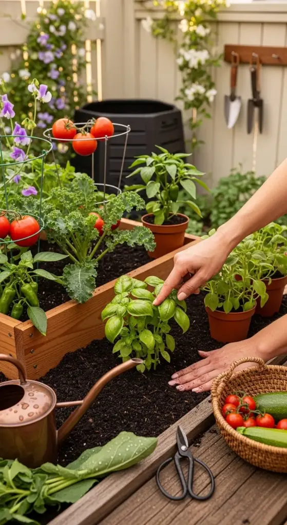 A close-up of hands tending to a vibrant raised-bed small vegetable garden, featuring lush basil, kale, cherry tomatoes on wire cages, peppers, and potted herbs—accompanied by a copper watering can, pruning shears, and a basket of freshly harvested tomatoes and zucchini—highlighting the hands-on joy and bounty of compact, productive small vegetable gardens.