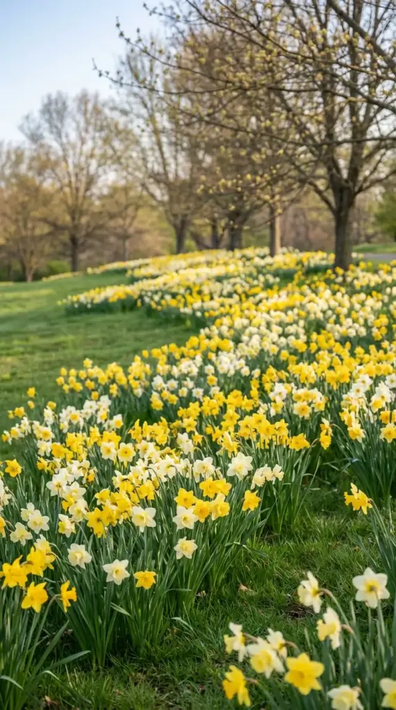 A vast, sun-drenched landscape featuring winding waves of thousands of yellow and white daffodils in full bloom, stretching across a green grassy field toward a line of budding trees—a breathtaking natural display for a Spring Flower Garden.