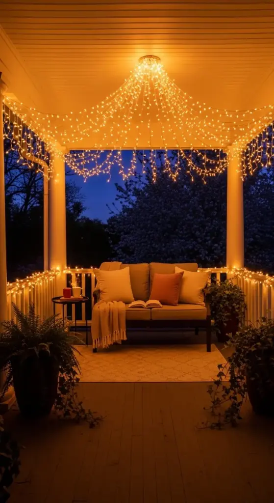 A cozy porch at twilight featuring a small outdoor sofa draped with a warm throw blanket, illuminated by a stunning canopy of warm white fairy lights and matching railing lights—a dreamy atmosphere for Spring Porch Ideas.