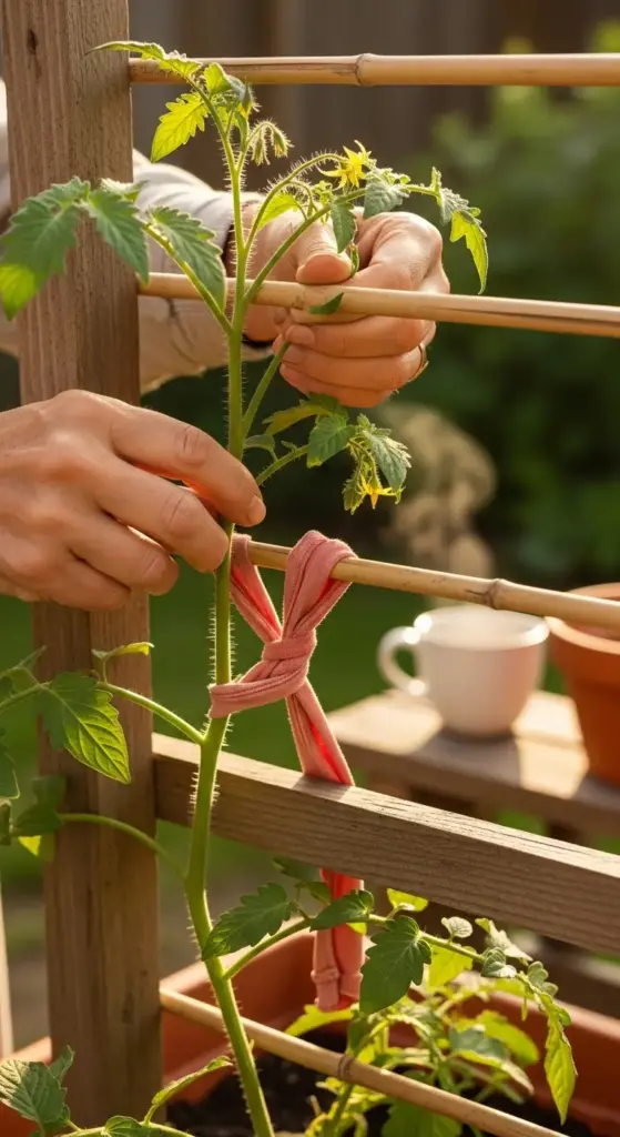 A bamboo and wooden Tomato Trellis with horizontal slats, where hands are carefully securing a young tomato plant with a pink cloth, set in a sunlit garden featuring terracotta pots and a white cup on a wooden surface in the background.