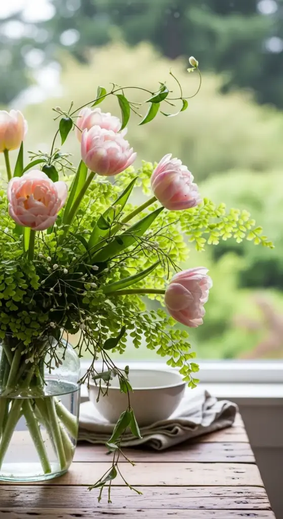 Gemini said
In this final example of Tulip Arrangement Ideas, a soft and airy display features pale pink, ruffled tulips mingled with delicate maidenhair ferns and climbing vines. The arrangement is held in a clear glass vase on a rustic wooden table, positioned in front of a window that overlooks a lush, blurred green garden, creating a romantic and ethereal aesthetic.