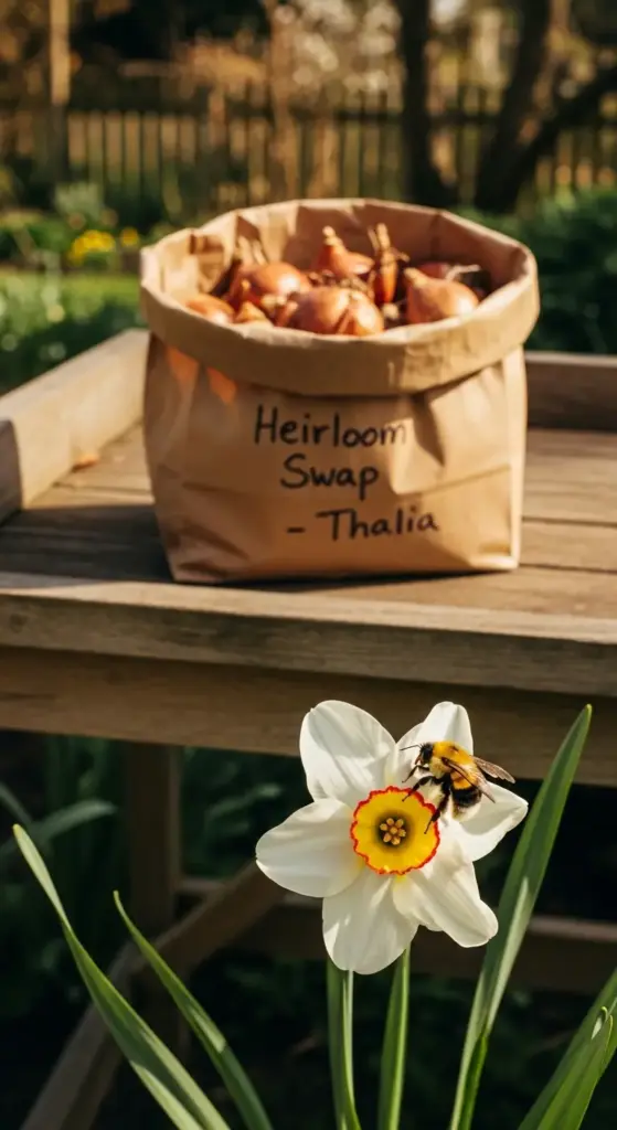 A close-up of a bumblebee pollinating a white narcissus flower with a bag of bulbs labeled "Heirloom Swap" in the background, highlighting the biodiversity benefits of a growing daffodil garden.
