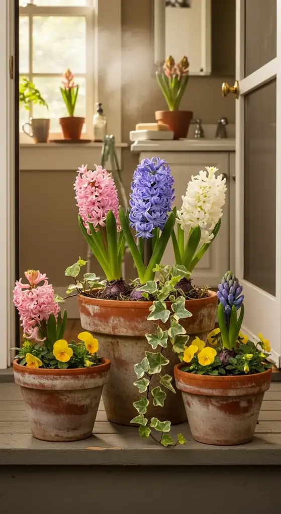 Several vibrant hyacinth flower blooms in pink, purple, and white hues are arranged in weathered terracotta pots on a wooden porch, accompanied by yellow pansies and trailing ivy, with a cozy kitchen featuring windows and additional potted plants visible in the background.