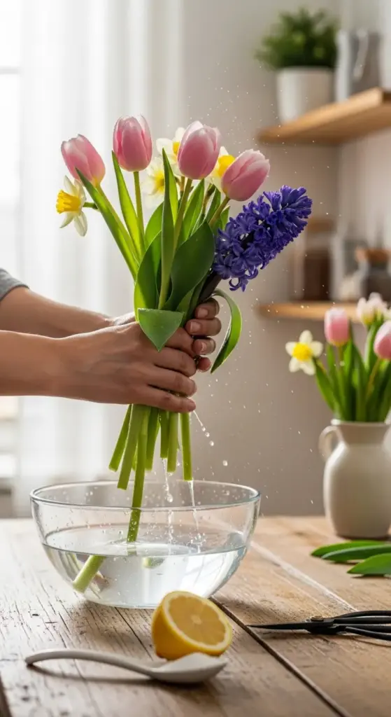 Hands submerge a vibrant Spring Flower Arrangements of pink tulips, yellow daffodils, and a purple hyacinth into a clear glass bowl of water, creating gentle splashes, on a rustic wooden table beside a halved lemon, white spoon, black scissors, and a secondary vase with tulips, all bathed in soft natural light from a bright, sunlit room.