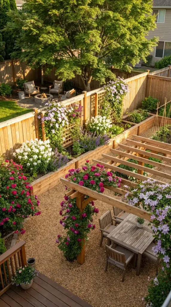 A high-angle view of a sophisticated Backyard Layout featuring a pea gravel courtyard with a large wooden dining set under a rose-covered pergola, flanked by tiered wooden raised beds filled with white hydrangeas and purple catmint, leading to a cozy fire pit area and a lush lawn.
