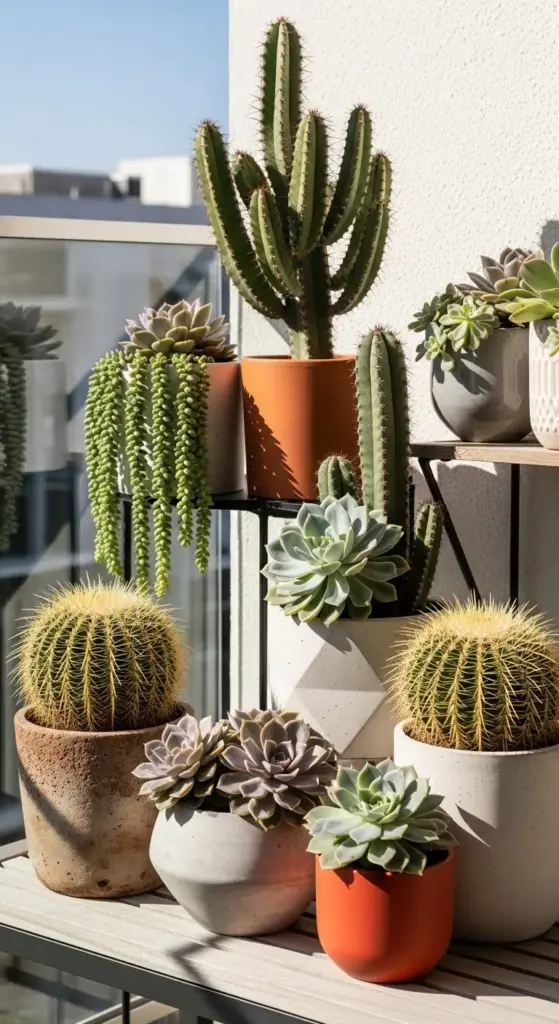 A sunlit collection of diverse cacti and succulents, including golden barrel cacti and trailing donkey's tail, arranged in modern ceramic pots on a tiered stand to inspire desert-themed Balcony Garden Ideas.