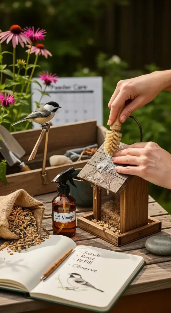 A person gently cleans a rustic wooden DIY bird feeder with a natural bristle brush, while a chickadee perches nearby on a garden tool; surrounding items include a spray bottle labeled “1:9 Vinegar,” spilled seed, an open notebook listing “Scrub – Rinse – Refill – Observe,” and echinacea blooms—highlighting mindful maintenance and care as part of sustainable DIY bird feeders for healthy backyard wildlife habitats.