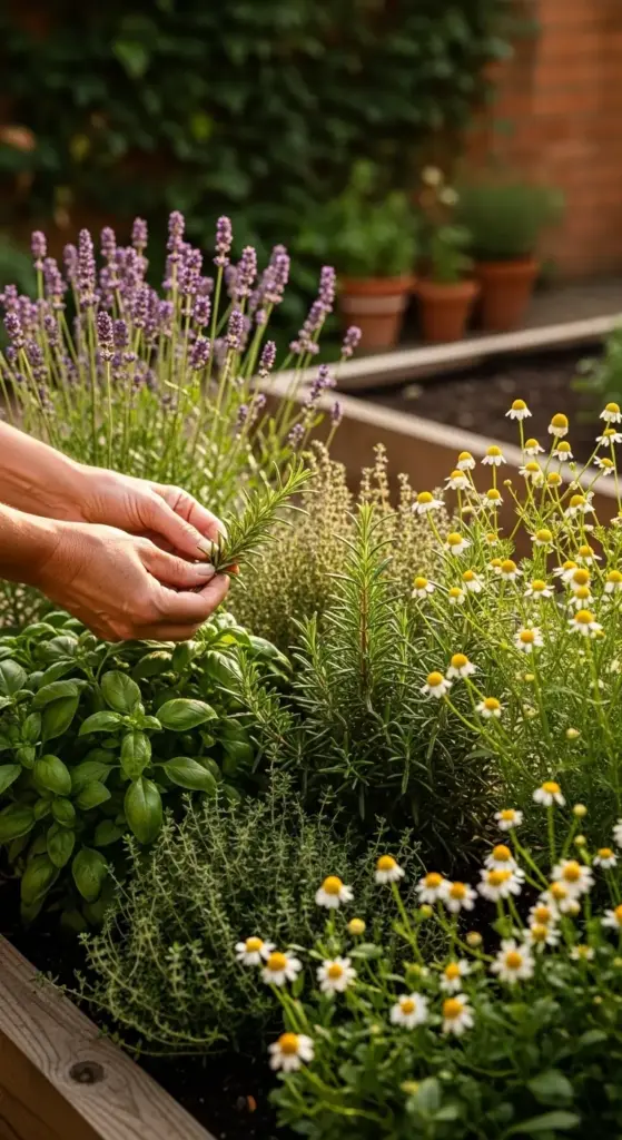 A person harvesting fresh rosemary from a raised wooden garden bed filled with lavender, basil, and chamomile, highlighting functional Dreamy Backyard Ideas.