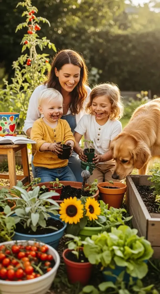 A smiling woman teaching two young children how to plant seedlings in small pots, surrounded by vibrant sunflowers, ripe cherry tomatoes, and a curious golden retriever—a heartwarming look at Gardening for Beginners.