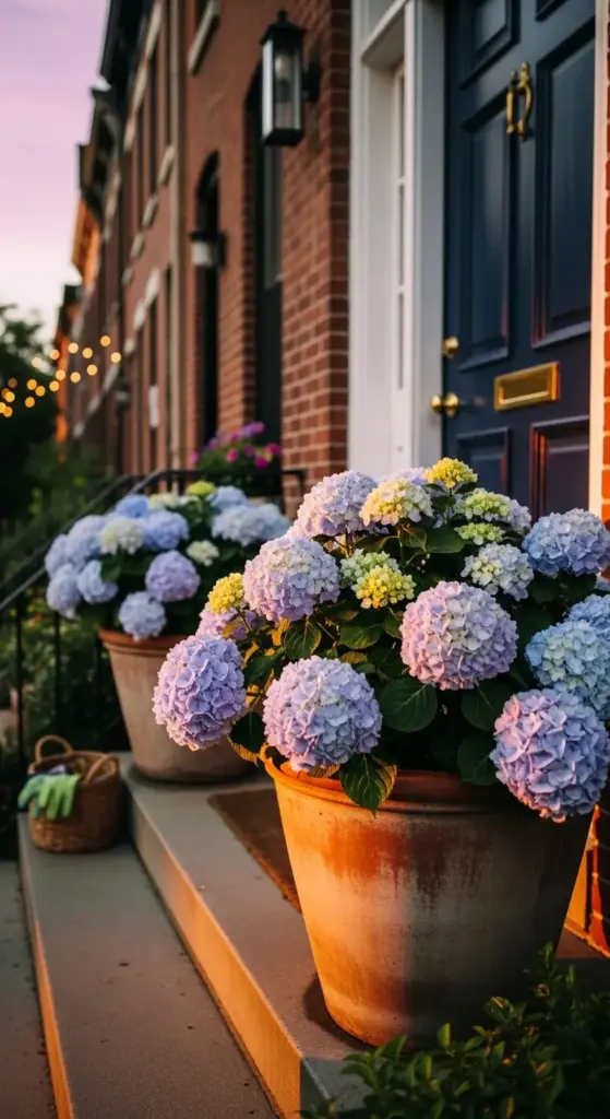 Vibrant light purple and blue hydrangea blooms in large terracotta pots adorning the front porch of a brick home, with a basket of gardening gloves and soft string lights illuminating the scene at dusk, showcasing the elegant beauty of growing hydrangeas in urban garden spaces.