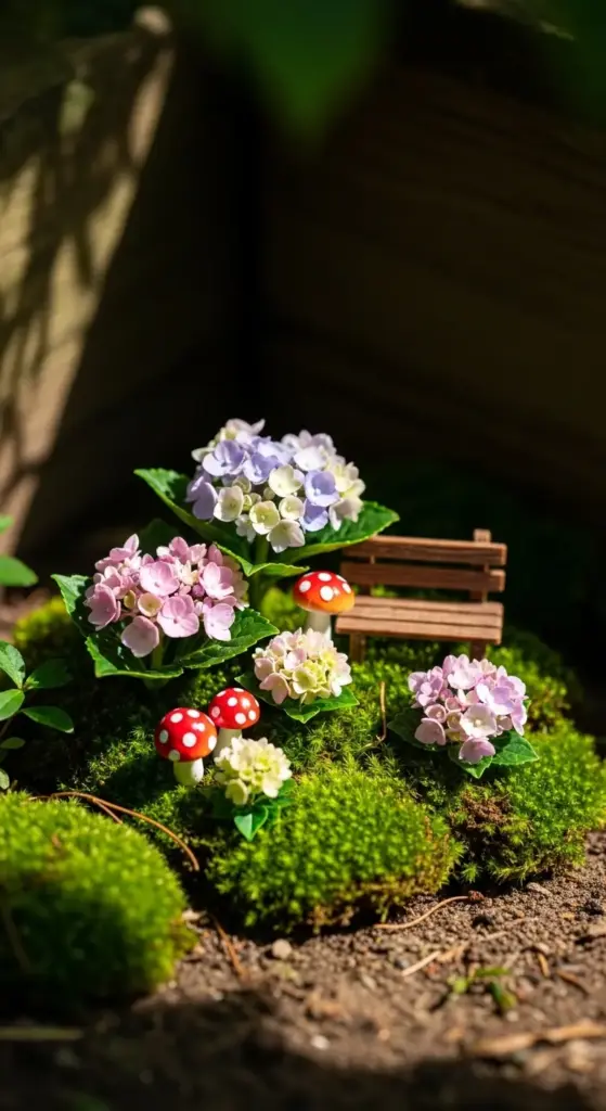 A whimsical miniature garden scene featuring tiny hydrangea blooms in soft pink, lavender, and cream nestled among vibrant green moss, accompanied by decorative red-and-white toadstools and a miniature wooden bench—showcasing playful, fairy-garden-inspired hydrangea landscaping ideas for creative small-scale or container displays.