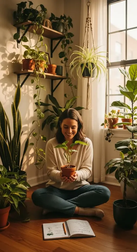 A woman sits cross-legged on a wooden floor, smiling as she holds a small potted cutting from her collection of Indestructible Indoor Plants. She is surrounded by a large fiddle leaf fig, a tall snake plant, and wall-mounted shelves with trailing vines, with a gardening journal open in front of her.