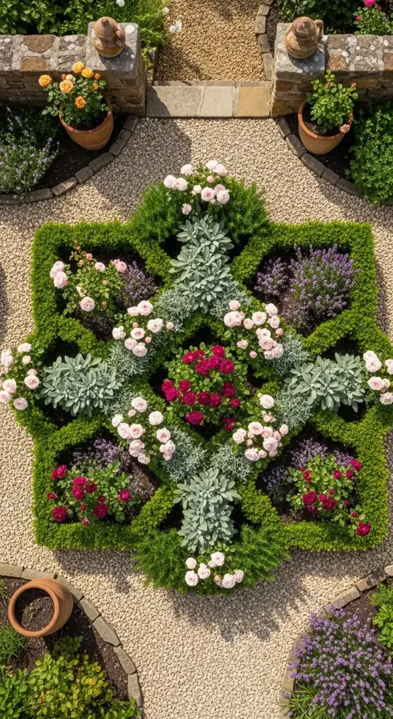 An aerial view of a geometric knot garden featuring low-clipped boxwood hedges that create a star-like pattern, filled with clusters of pink and deep red roses and silver-leafed herbs—a stunningly structured inspiration for Rose Garden Ideas.