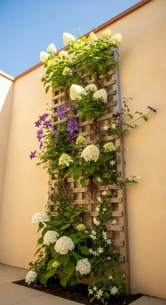 Install a rustic trellis and encourage climbing hydrangeas to scale the structure vertically. This saves ground space while drawing the eye upward toward the sky.