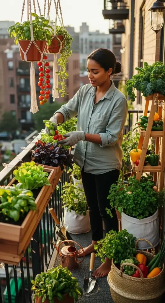 A woman tends to her thriving urban balcony small vegetable gardens—harvesting cherry tomatoes from hanging macramé planters, tending basil and kale in wooden troughs and fabric pots, and surrounded by peppers, herbs, and a ladder shelf of greens—with city buildings in the background, showcasing how compact, creative spaces can yield abundant produce in small vegetable gardens.