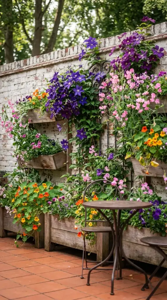 A rustic weathered brick wall featuring tiered wooden planter boxes overflowing with vibrant orange nasturtiums and purple pansies, while climbing deep purple clematis and delicate pink sweet peas scale a decorative wrought iron trellis—a beautiful and space-saving Spring Flower Garden.