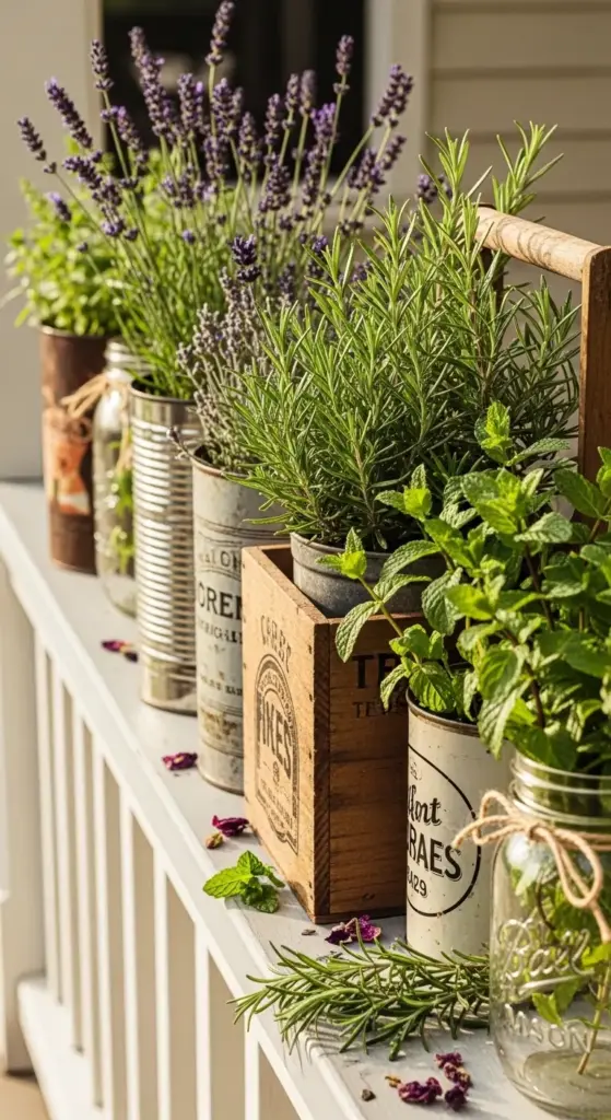 A row of aromatic herbs, including lavender, rosemary, and mint, growing in a charming mix of vintage-style tin cans and glass mason jars arranged along a white porch railing—a space-saving and fragrant example of Spring Porch Ideas.