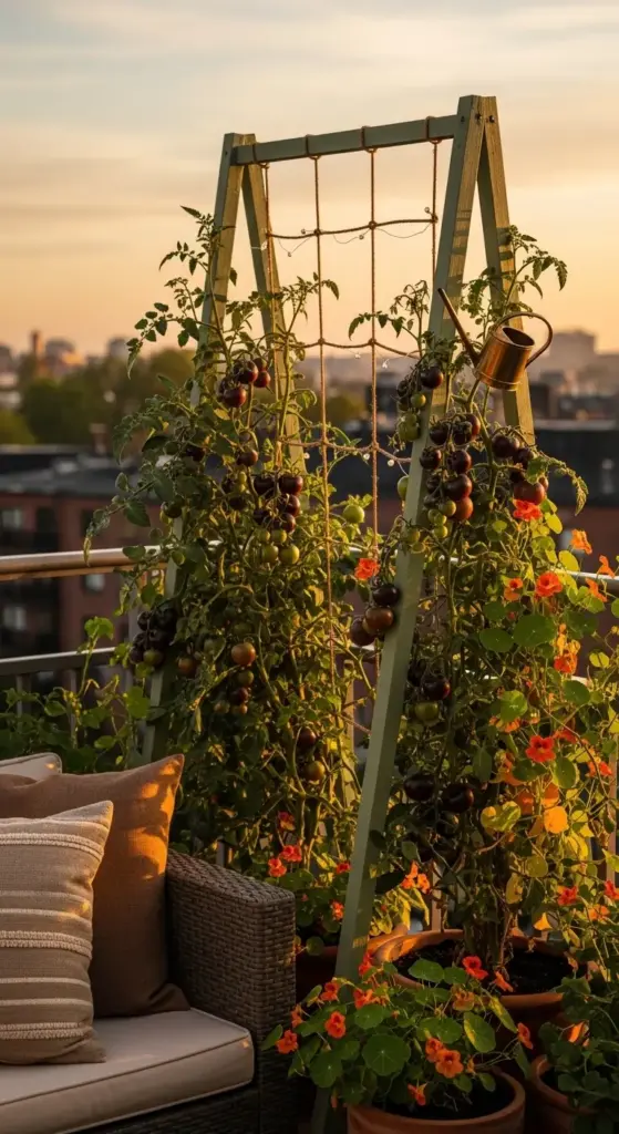 A wooden A-frame Tomato Trellis with rope netting supports lush vines bearing dark purple and green tomatoes, set in a rooftop garden at sunset with vibrant orange nasturtiums, a copper watering can resting on the structure, cozy cushioned seating, and a city skyline backdrop bathed in golden hour light.