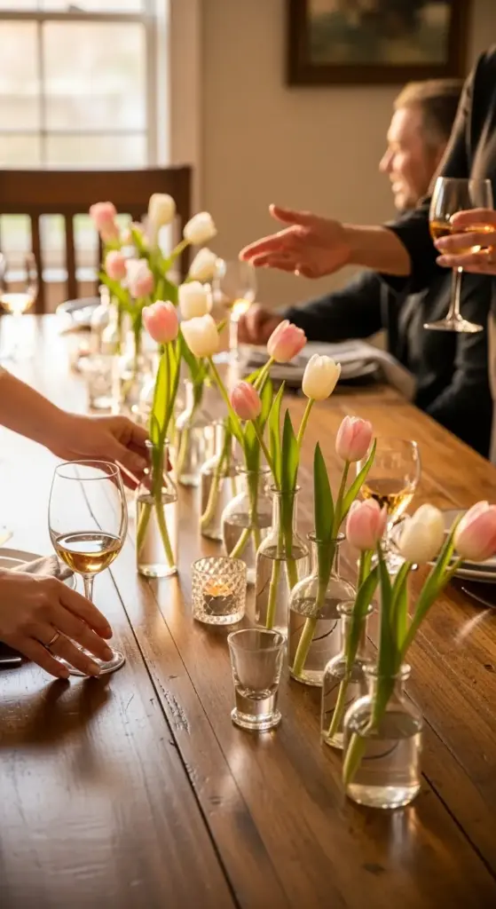 This image provides minimalist Tulip Arrangement Ideas by featuring several small, clear glass bud vases lined up down the center of a rustic wooden dining table. Each vase holds a single pink or white tulip, creating a simple yet elegant floral runner that allows for easy conversation across the table during a gathering.