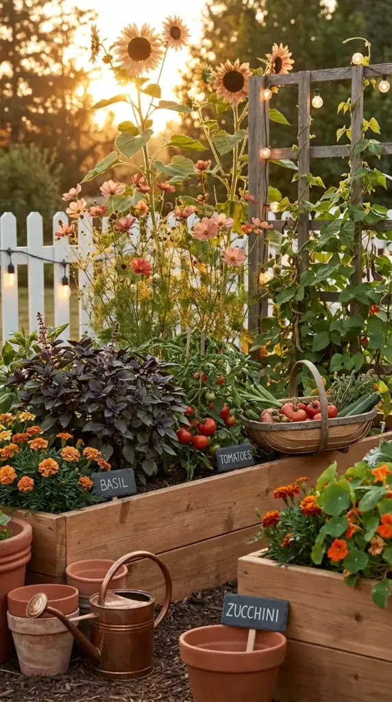 A sun-drenched backyard garden featuring wooden raised beds with slate labels for basil, tomatoes, and zucchini, surrounded by towering sunflowers and orange marigolds—a beautiful and functional example of Vegetable Garden Design.