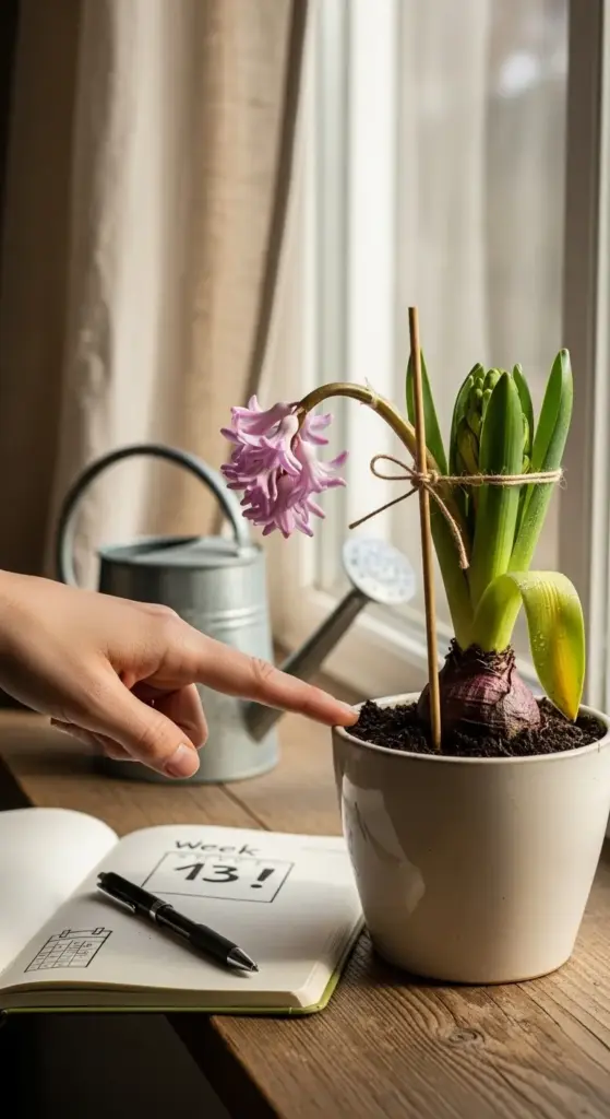 A hand gently points to a blooming hyacinth flower with delicate purple petals in a white pot, positioned on a wooden surface beside an open notebook marked “Week 13!” and a pen, with a metal watering can and soft natural light filtering through sheer curtains in the background.