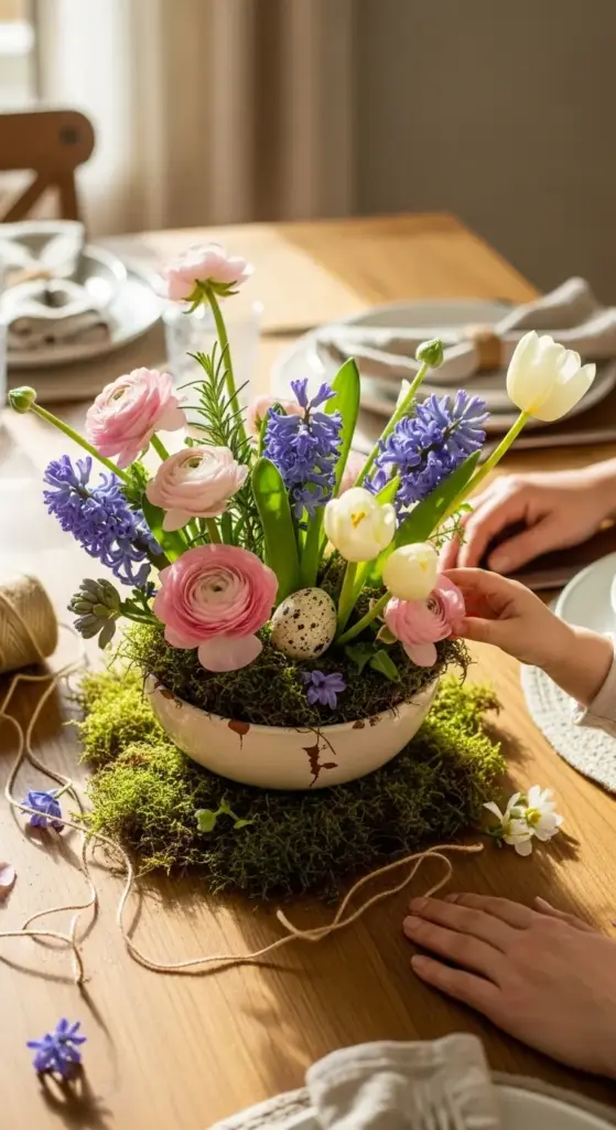 A hand gently adjusts a vibrant Spring Flower Arrangements composed of pink ranunculus, purple hyacinths, white tulips, and a speckled egg nestled in moss within a white ceramic bowl with brown accents, set on a wooden table adorned with twine, scattered blooms, and a softly arranged dining table with linen napkins in the background, illuminated by warm natural light.