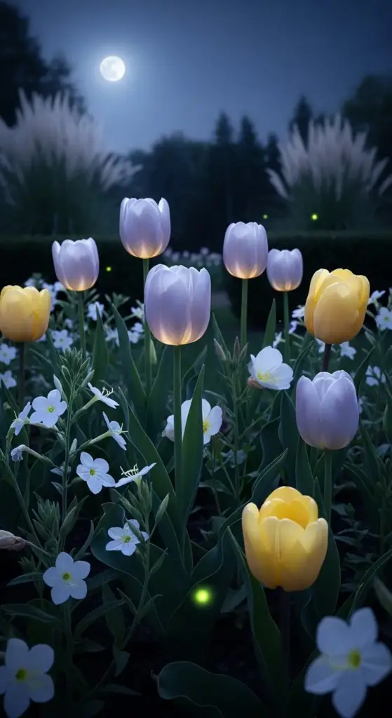 Choose pale ivory, silvery lavender, and soft yellow tulips that glow under twilight or moonlight. Pair with white nicotiana or evening primrose to create a serene, sensory evening retreat.